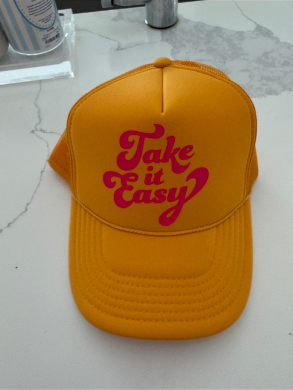 Take It Easy Yellow Trucker Cap with Pink Script